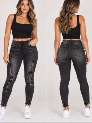 High-Rise Distressed Skinny Jeans in Washed Black thumbnail 2