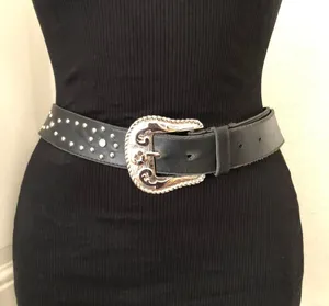 Black western cowboy/cowgirl rodeo belt with silver tone studs buckle Fit As L/XL thumbnail 1