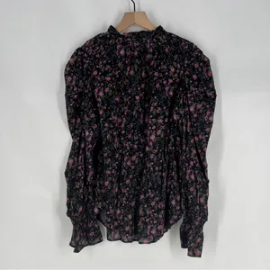 Free People Meant To Be Black Floral Print Full Mutton‎ Sleeve Peasant Blouse M thumbnail 9