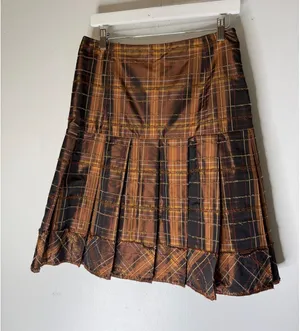 Worth Brown Plaid Pleated Mini Skirt Textured Frayed Grid Academic Aesthetic 6 thumbnail 1