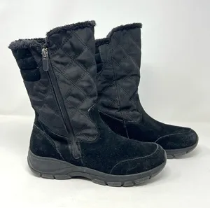 Lands’ End Black Suede Quilted Winter Boots Faux Fur Women’s 8.5 thumbnail 1