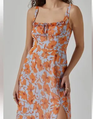 Astr The Label Medium Orange Blue Floral Square Neck Midi Dress thumbnail 3