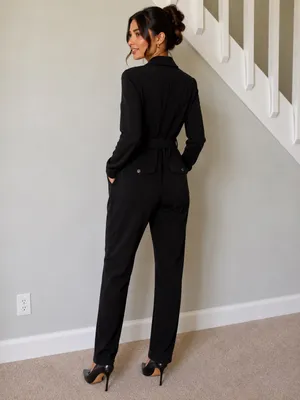 Findi Women's Black Long-Sleeve Zip Front Jumpsuit with Waist Tie thumbnail 2