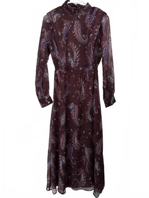 Mango Long Sleeve Flowy Paisley-Print Dress Midi Sandy Maroon NWT Size 2/XS thumbnail 7