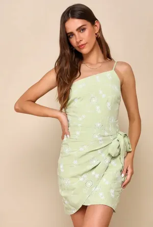 Lulus Blissful Persona Green Embroidered One-Shoulder Mini Dress thumbnail 1