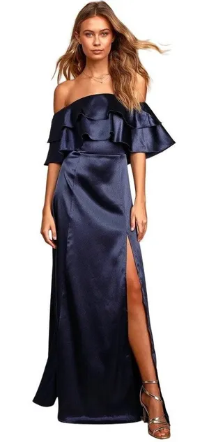 Lulus Pure Happiness Navy Blue Dress Size Small Satin Off-the-Shoulder Long New thumbnail 1