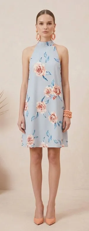Show Me Your Mumu Dress Small Floral Halter Backless Mini Light Blue Peach Rose thumbnail 1
