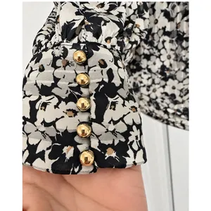 H&M Black White Floral Sheer High Neck Blouse Gold Button Cuffs Size S thumbnail 3