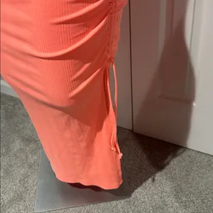 Aerie Neon Orange Ruched Ribbed Midi Dress with side slit size small‎ thumbnail 5