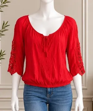 Happening in the Present Womens Blouse Red Crochet Lace Sleeve Elastic Hem XS thumbnail 1