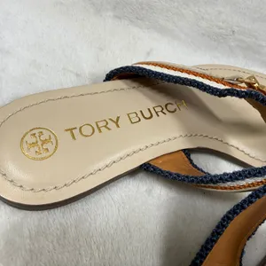 Tory Burch Eleanor Thong Sandal Beige Multi Striped Canvas Gold Chain Flat 5.5 thumbnail 3