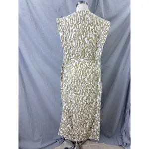 MIRTH‎ Olive Block Print Cotton Midi Dress Kantha Stitch Integrated Belt L thumbnail 4