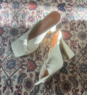 Oh Polly Hideaway Ribbed Leatherette Mule Heels in Cream thumbnail 1