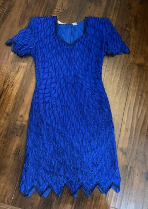 Laurence Kazar Beaded Cobalt Blue Midi Dress Silk Size Small 80’s Party Dynasty thumbnail 1