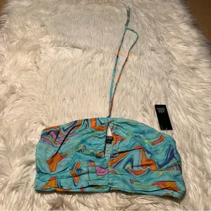 Wild Fable Women's Size XS Swirl Marble Halter Crop Top Aqua Blue Woven Smocked thumbnail 4