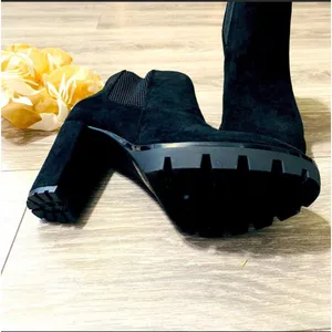 Women‎ New Black Faux Suede Lugged Block Heeled Boots Elastic Band Pull On 7.5 thumbnail 5
