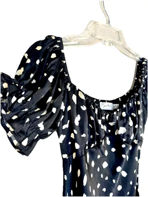 Petal & Pup Off the Shoulder Polka Dot Midi Dress 4 Black White Puff Sleeve Slit thumbnail 4