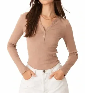 Aerie Women's Size Small Real Soft Button Front Henley Top Beige Tan Ribbed Long thumbnail 1