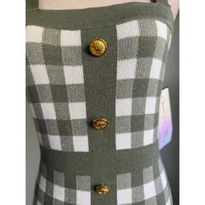 Coco and Shay Olive Green Gingham Knit Bodycon Dress Gold Buttons M NWT dainty thumbnail 2