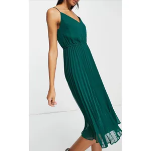 ASOS Forest Green Pleated Midi Dress V-Neck Spaghetti Strap Elastic Waist Size 4 thumbnail 4