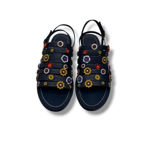 Tory Burch Marguerite Sandals 8 Navy Leather Floral Summer Casual‎ Boho thumbnail 2