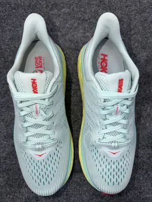 Hoka Clifton 7 running shoes in the Morning Mist and Hot Coral colorway size 10D thumbnail 9