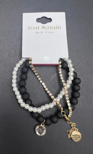 New! Isaac Mizrahi New York 3 Stack Bracelet Set Faux Pearl Beads Gold Chain thumbnail 1