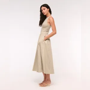 Abercrombie & Fitch Light Brown Check High Neck Drop Waist Sleeveless Midi Dress thumbnail 3