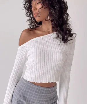 Princess Polly santorini off shoulder crop knit top in ivory thumbnail 1