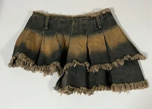 Blue Tan Gold-Wash Jean Denim Ruffle Asymmetrical Mini Skirt Bottoms Size S 💙🤎✨ thumbnail 1