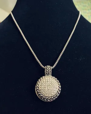 Silver-Tone Pavé Rhinestone Disc Pendant Necklace with Braided Chain thumbnail 1