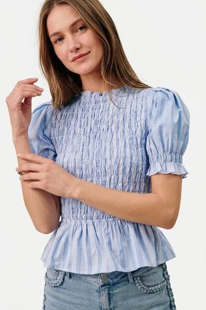 SO ME Stripe Smocked Bodice Puff Sleeves Blouse Top‎ - Blue - Large thumbnail 1