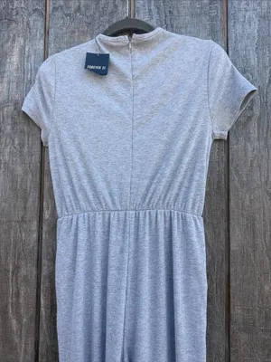Forever 21 Light Gray Short-Sleeve Knit Wide Leg Jumpsuit Elastic Waistband S thumbnail 5