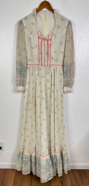 Vintage 70s Floral Prairie Maxi Dress Lace Trim Cottagecore Sheer Sleeve Cream thumbnail 1