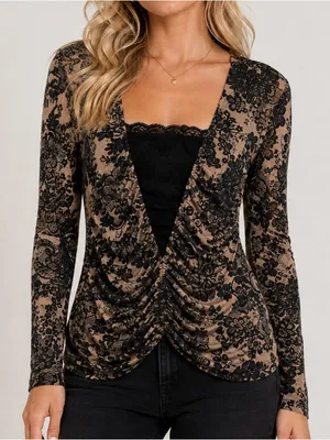 ⁠VENUS Ruched Front Lace Trim V-Neck Long Sleeve Top Black Nude Beige | Small thumbnail 1