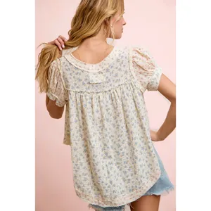 BiBi Floral Crinkle Neckdrop Short Sleeve‎ Blouse Top - Large thumbnail 7