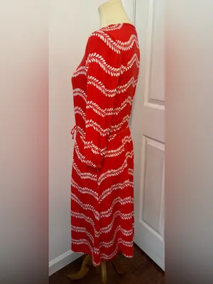 BODEN Talia Red Jersey Dress Leaf Striped Print 3/4 Sleeves Drawstring Waist 8 thumbnail 3