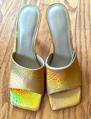 Marc Fisher- “Danria” Square Toe Gold Metallic Slide Dress Heels-8M- NEW thumbnail 1