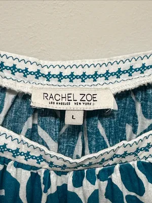 Rachel Zoe Teal Printed Peasant Linen Top with Lace Trim 3/4 Sleeves size L thumbnail 2