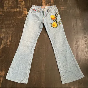 Red Ox Y2K Floral Embroidered Light Blue Flare Jeans 28 youth 9/10 Boho Indie thumbnail 1