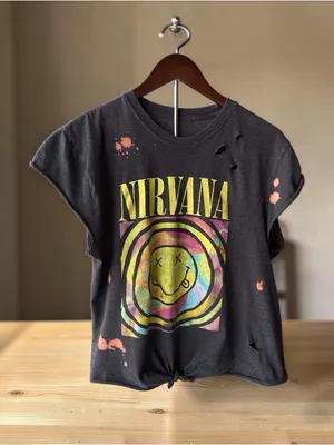 NIRVANA Black Tie-Front distressed tee with Multicolor Smiley Graphic thumbnail 4