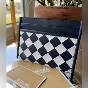 Michael Kors Reed Large Woven MK Card Holder Navy White NWT thumbnail 3