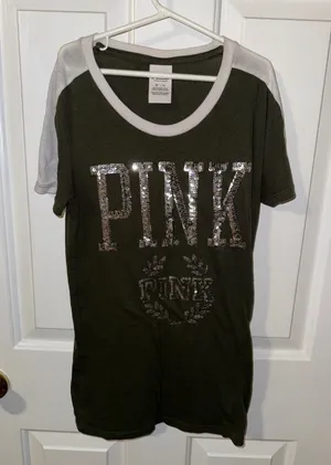 Victorias Secret PINK Womens Sequin Logo‎ Ringer T-Shirt Olive Green Gray XS thumbnail 1