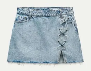 NWT Zara Denim Lace Up Mini Skirt. Size Large thumbnail 1