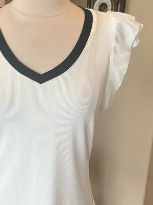 Women's off White V-Neck Ruffle Sleeve Top with Black Trim thumbnail 3