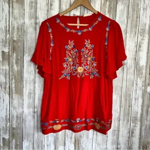 Entro Embroidered Floral Red Blouse •Large thumbnail 2