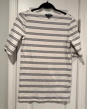 NWOT LRL Ralph Lauren Striped Knit Top Navy White Short Sleeve Stretch Classic thumbnail 1