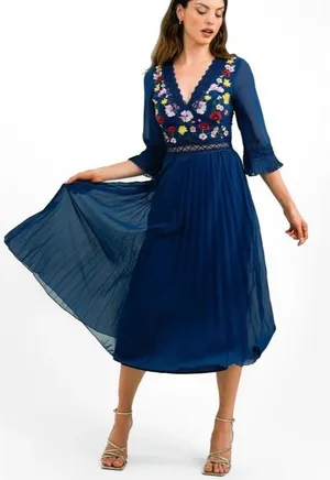 ASOS DESIGN Floral Embroidered Lace Pleated Midi Dress - Navy | Size 2 thumbnail 1