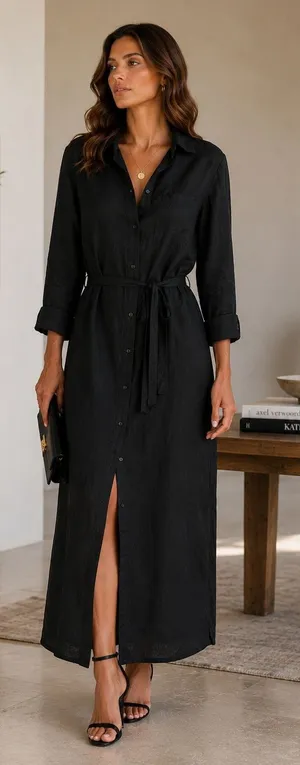 Quince 100% European Linen Maxi Shirt Dress Black Belted Women's Size Small thumbnail 1