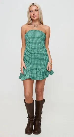 Princess Polly Porschia Strapless Mini Dress Green Check Size 6 NWT thumbnail 1